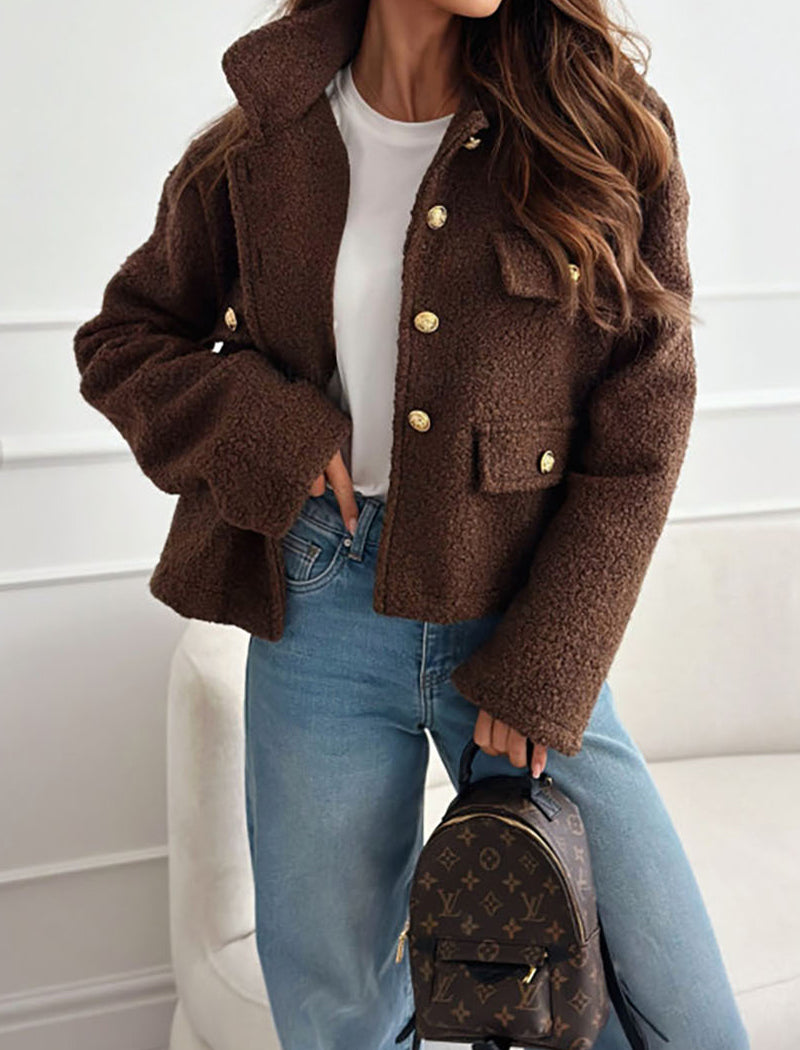 Double-Pocket Button-Up Fleece Jacket