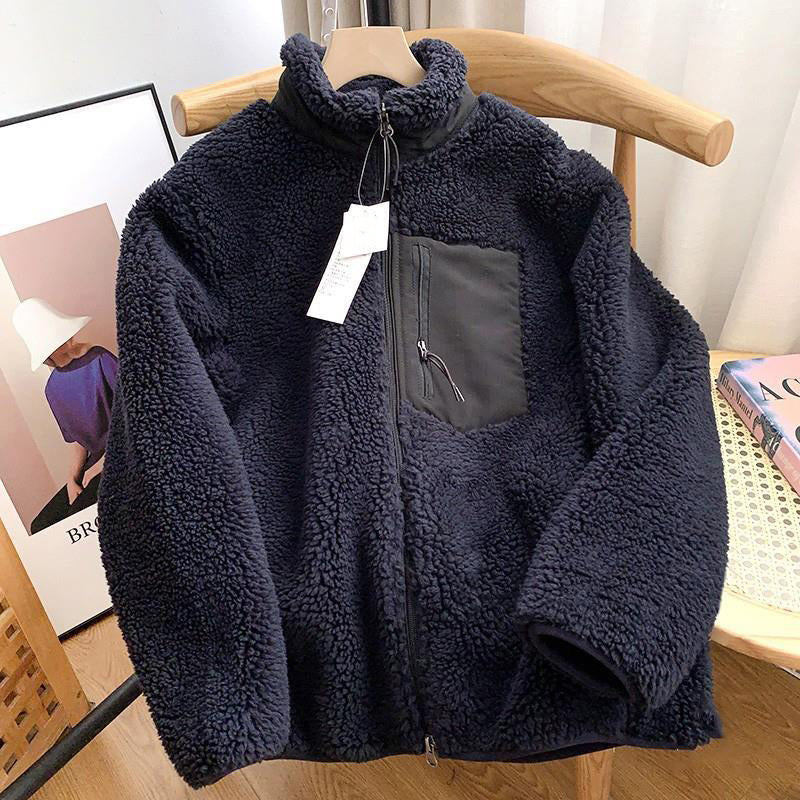 Zipper Windproof Pocket Stand Collar Fleece Coat