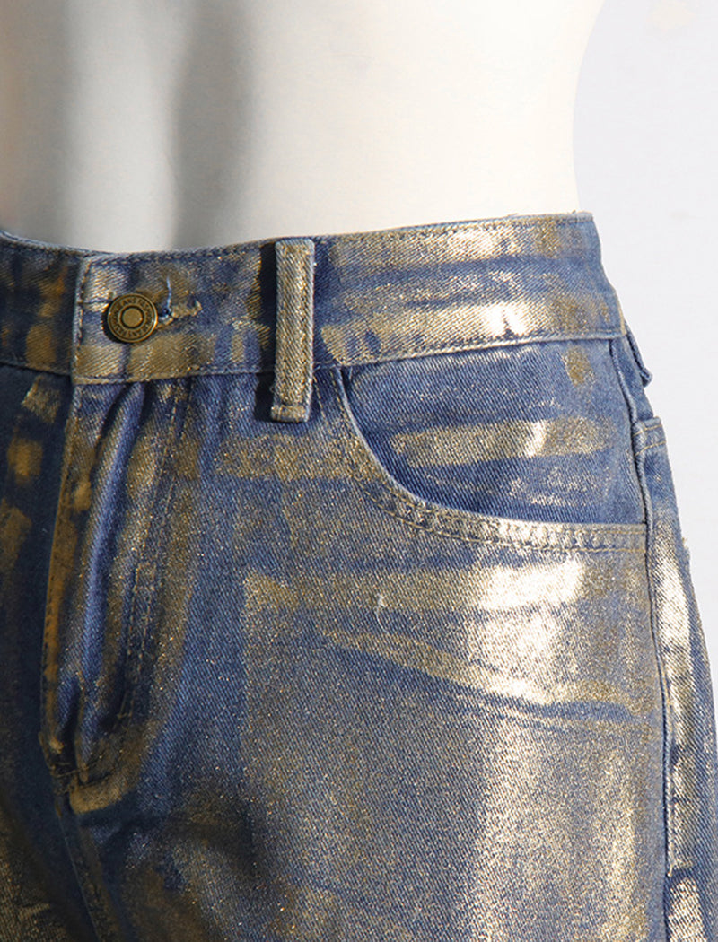 Metallic Wide-Leg High-Waist Pants