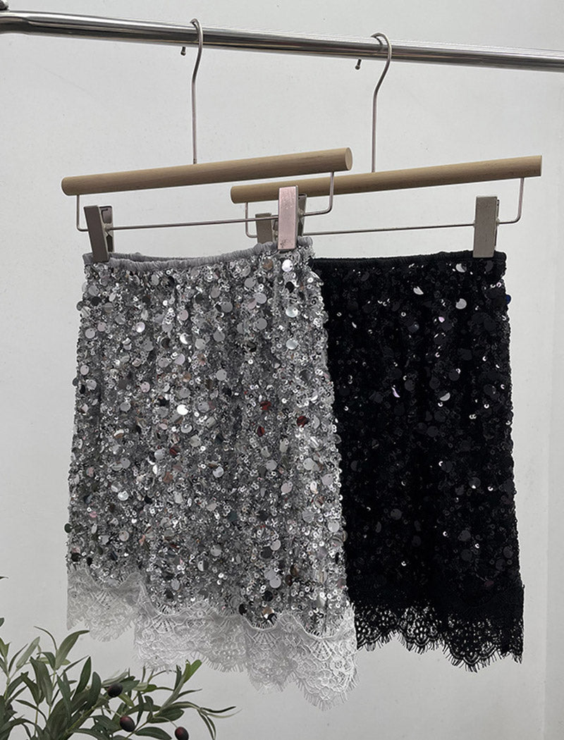 Glitter Sequin Lace Hem Mini Skirt