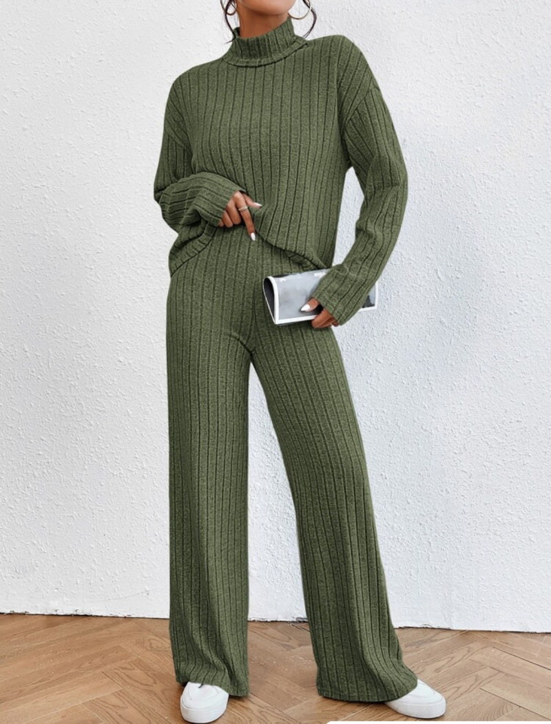 Ribbed Knit Long Sleeve Top and Pants Set