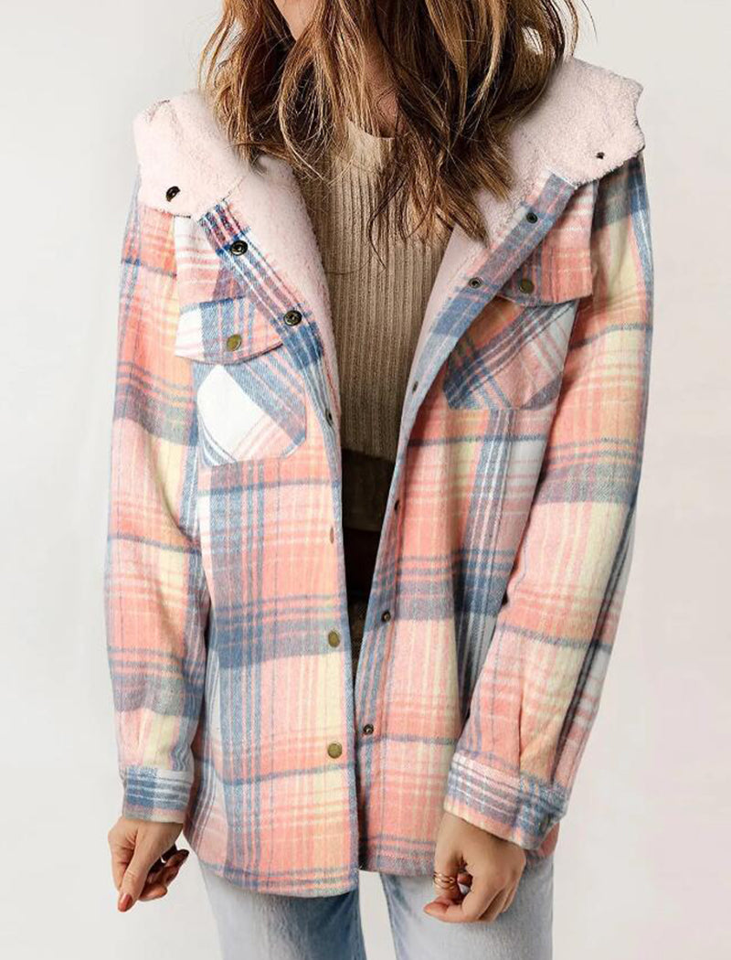 Plaid Long Sleeve Fuzzy Hooded Jacket