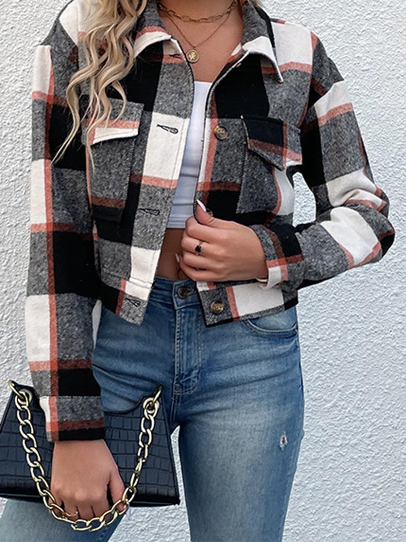 Plaid Button-Up Cropped Jacket