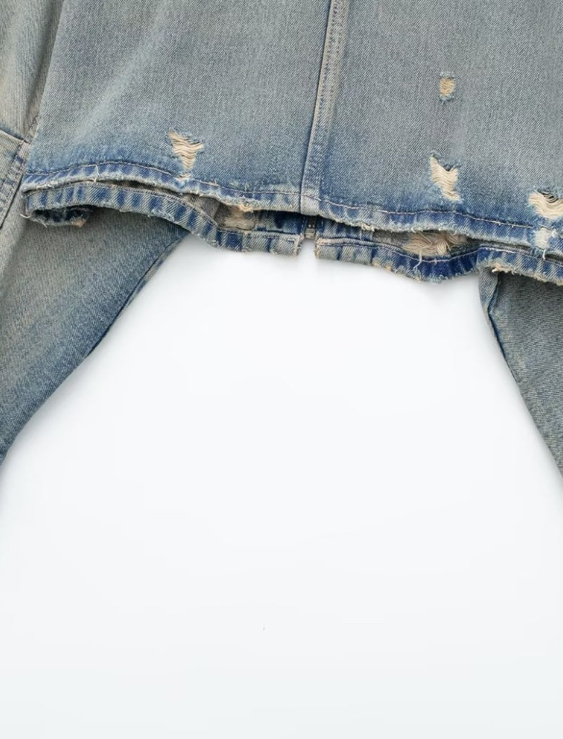 Cropped Distressed Denim Jacket