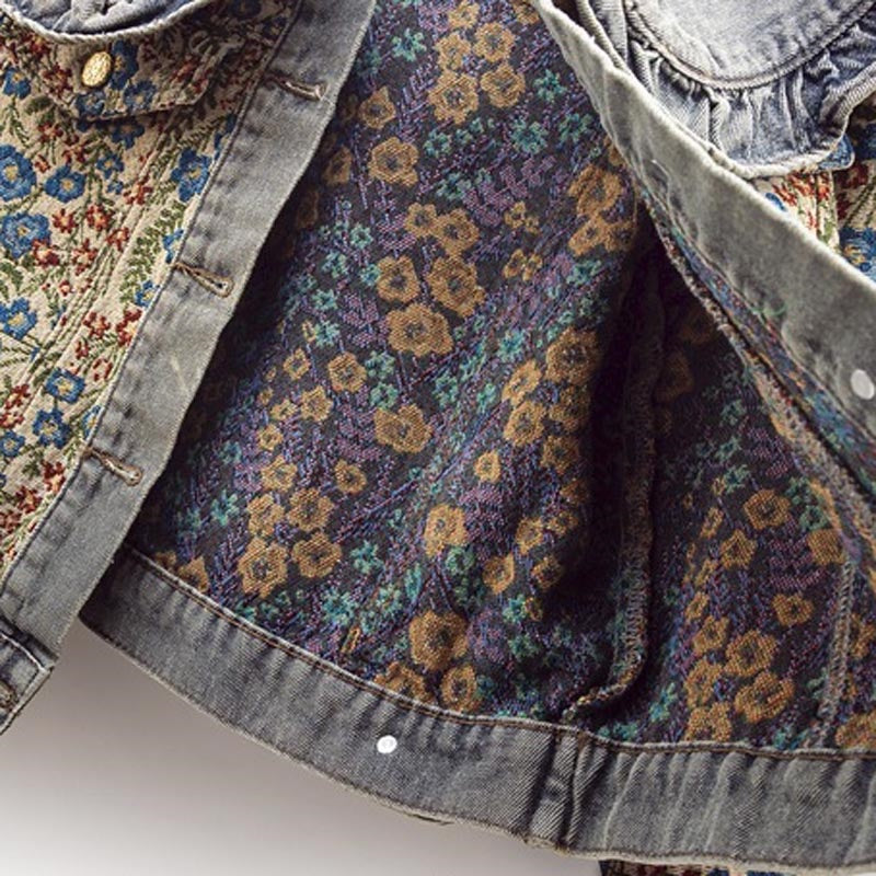 Floral Denim Jacket with Ruffle Collar