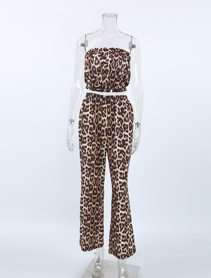 Leopard Print Square Neck Long Sleeve Crop Top and Pants Set