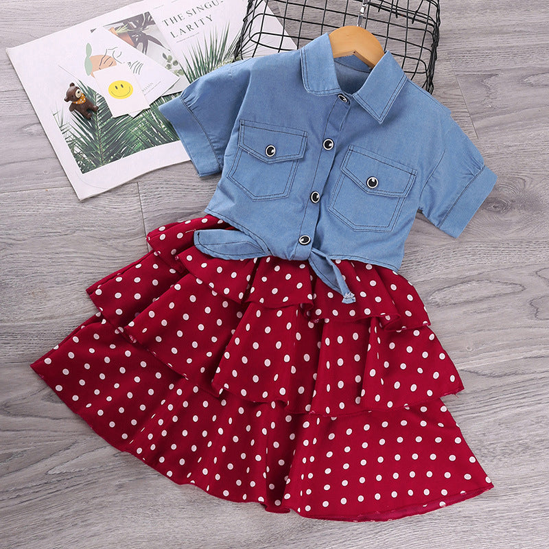 Denim Shirt and Polka Dot Layered Mini Skirt Set (Kids)