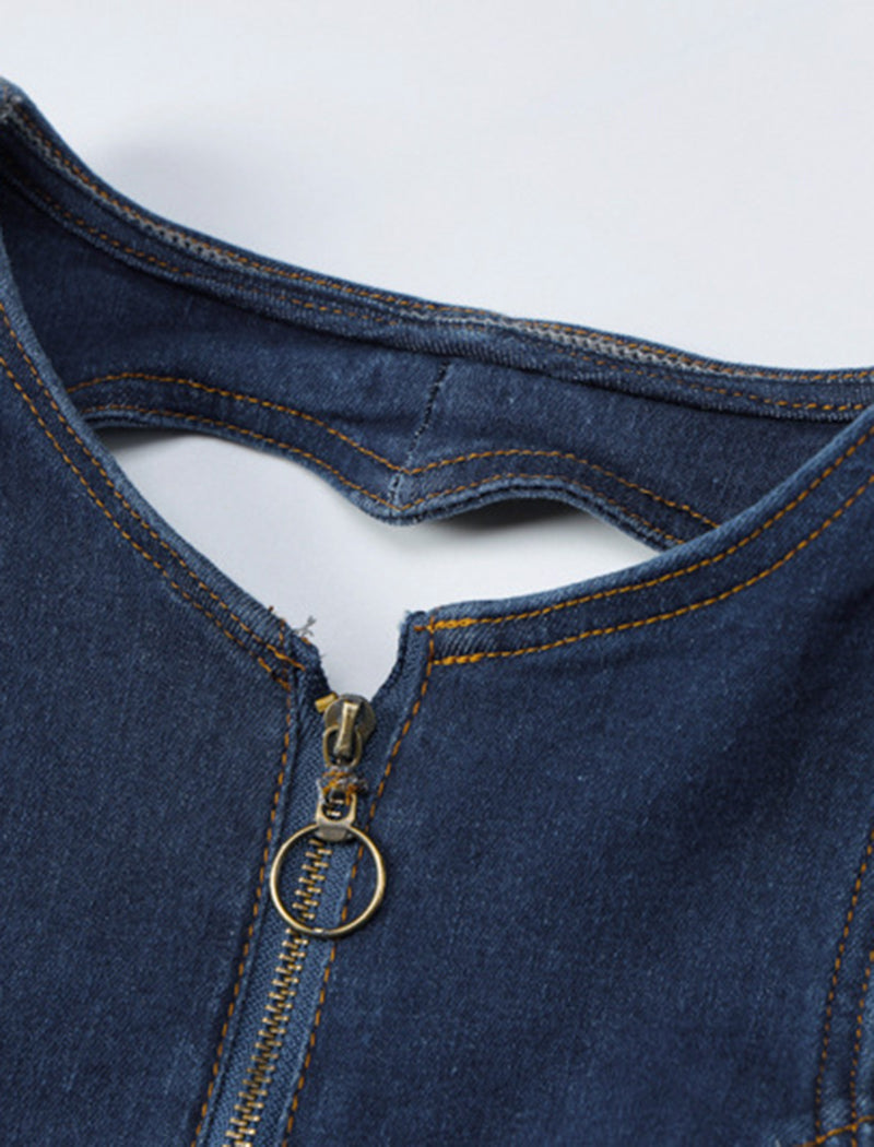 Zip-Front Denim Flared Jumpsuit