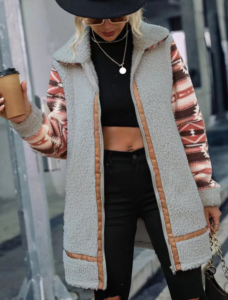 Colorblock Printed Long Coat with Lapels