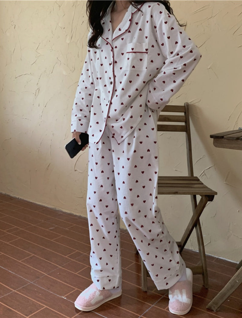 Brushed Heart Print Long Sleeve Pajamas