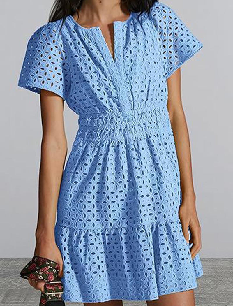 Eyelet Short-Sleeve Mini Dress