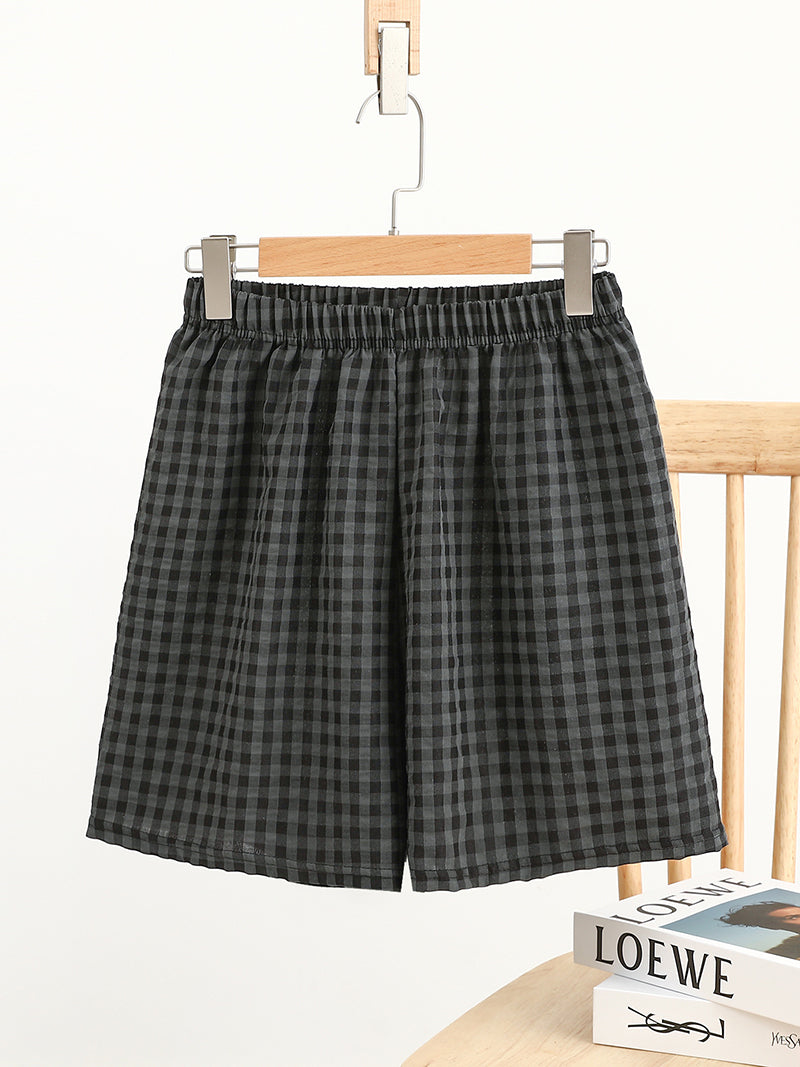 Checkered Elastic Waist Shorts