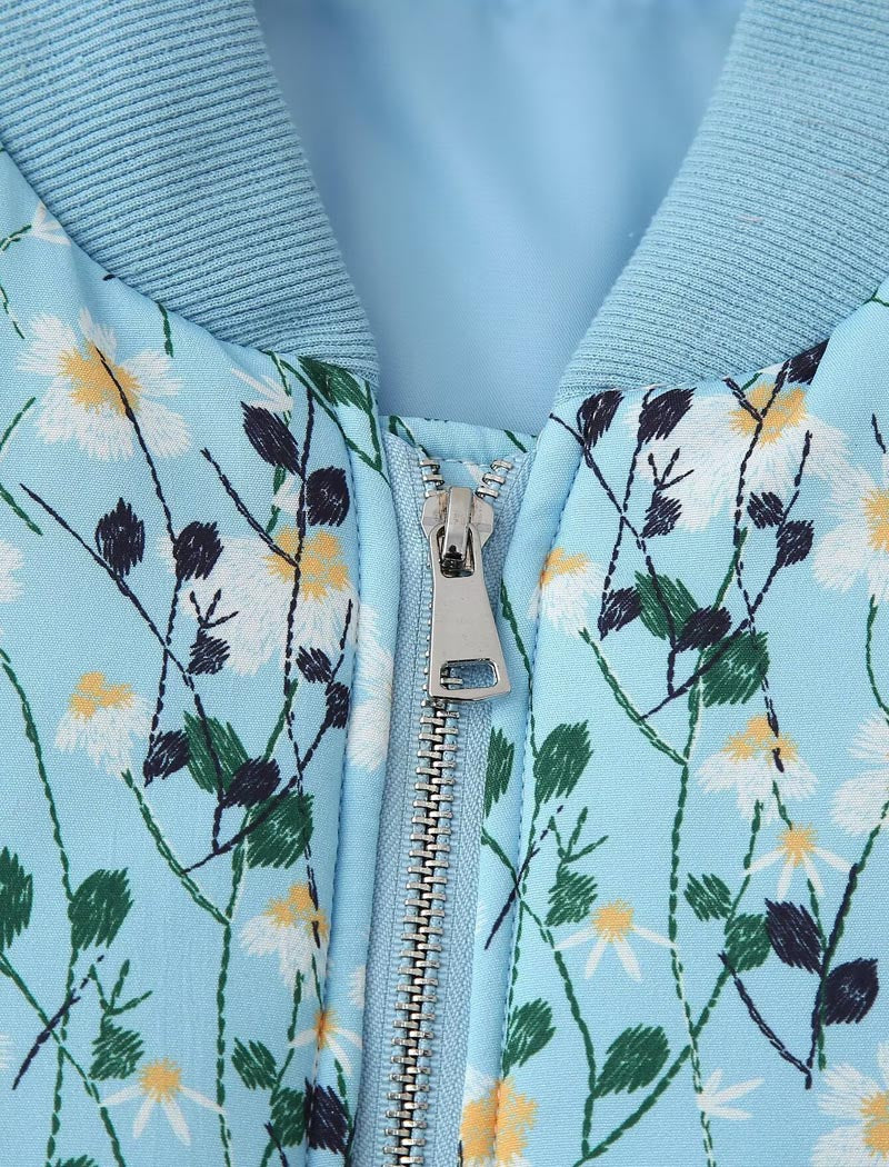 Floral Print Zipper Bomber Quilted Jacket