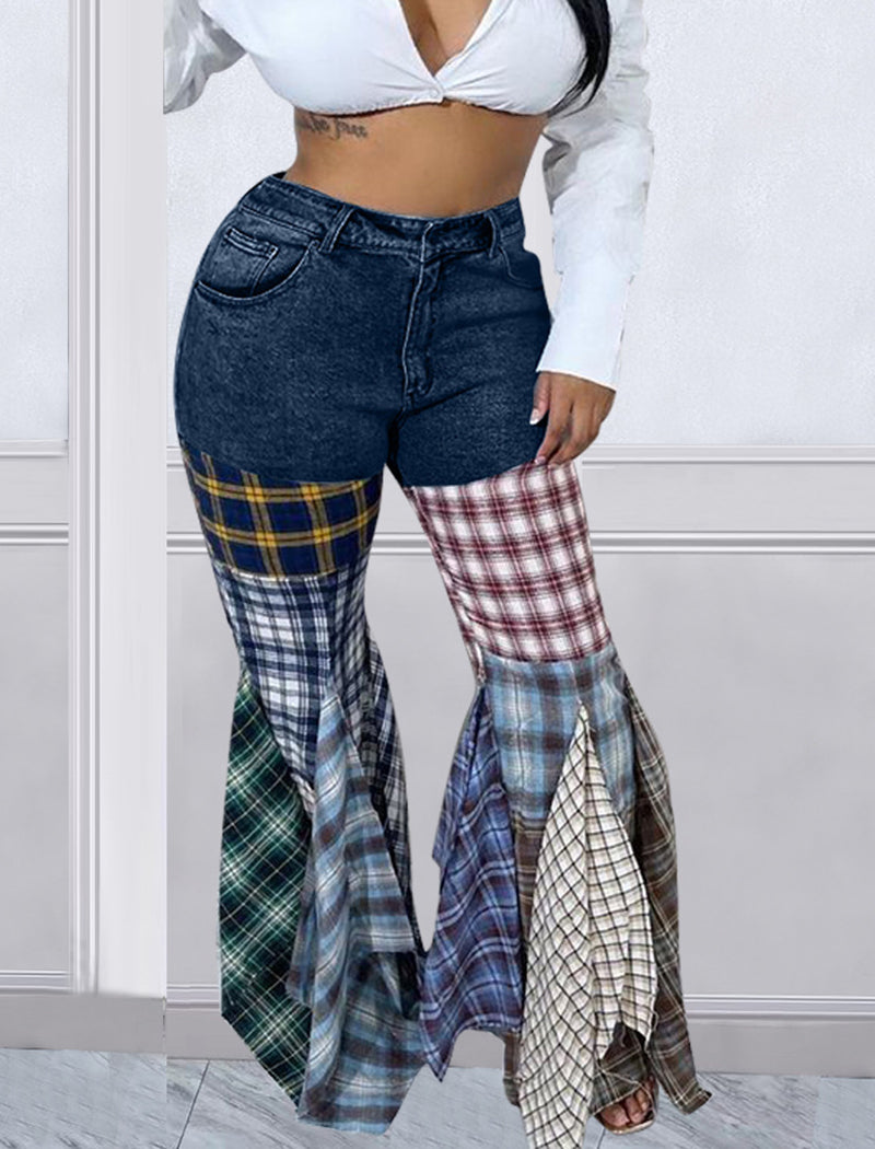Patchwork Flare Leg Denim Pants