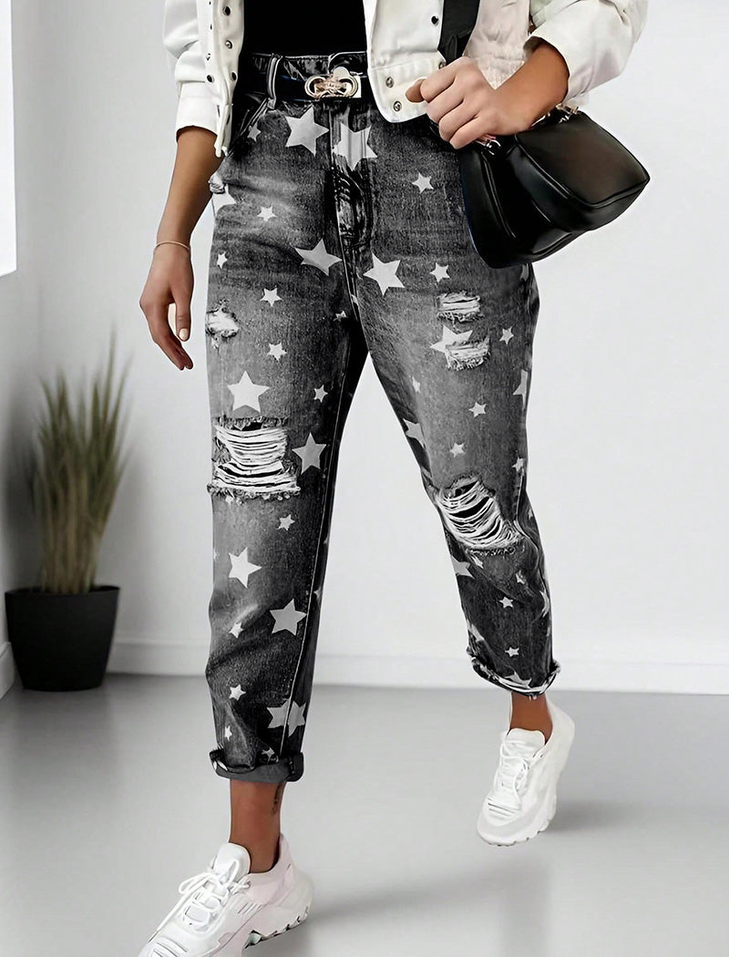 Star Print Distressed Boyfriend Jeans
