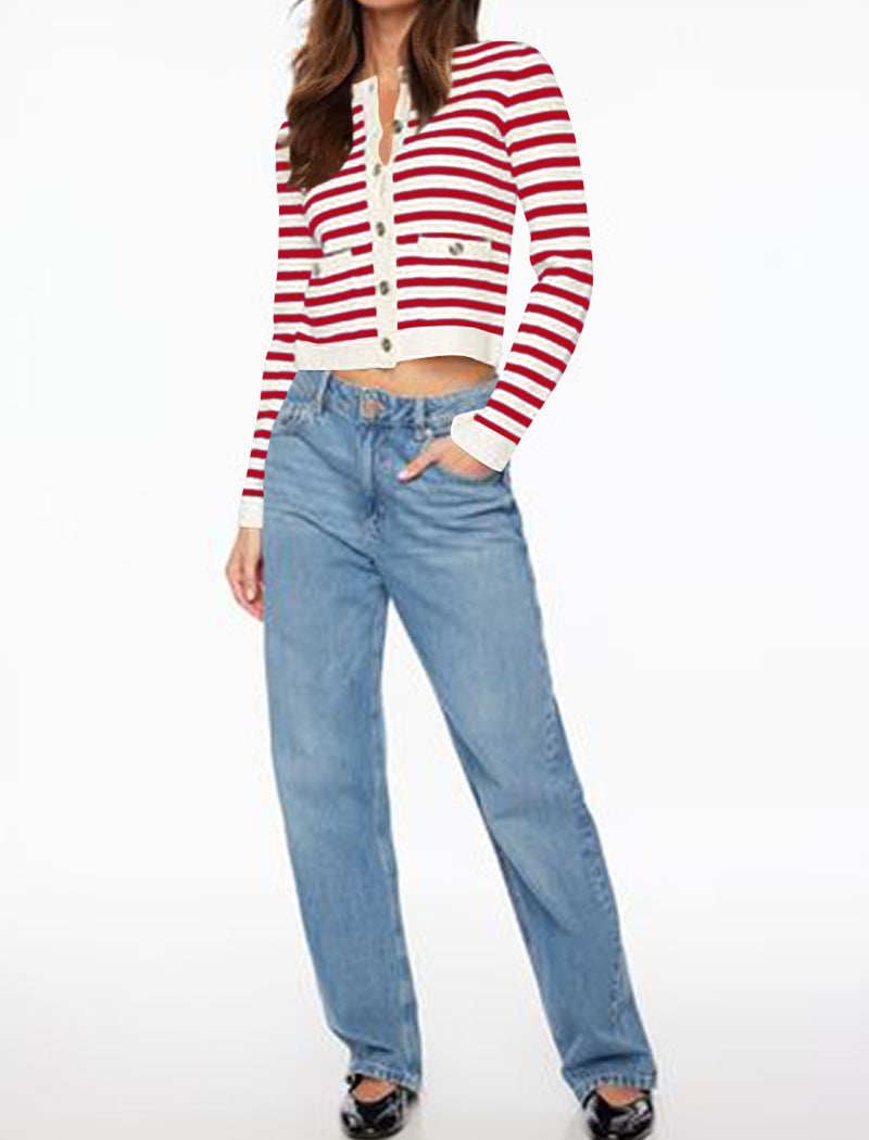 Striped Button-Up Cropped Cardigan