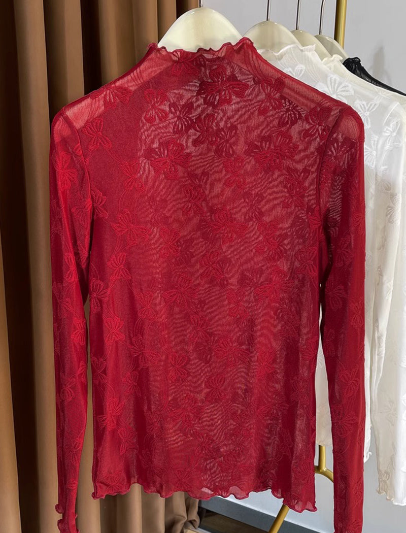 Sheer Floral Lace Long Sleeve Top