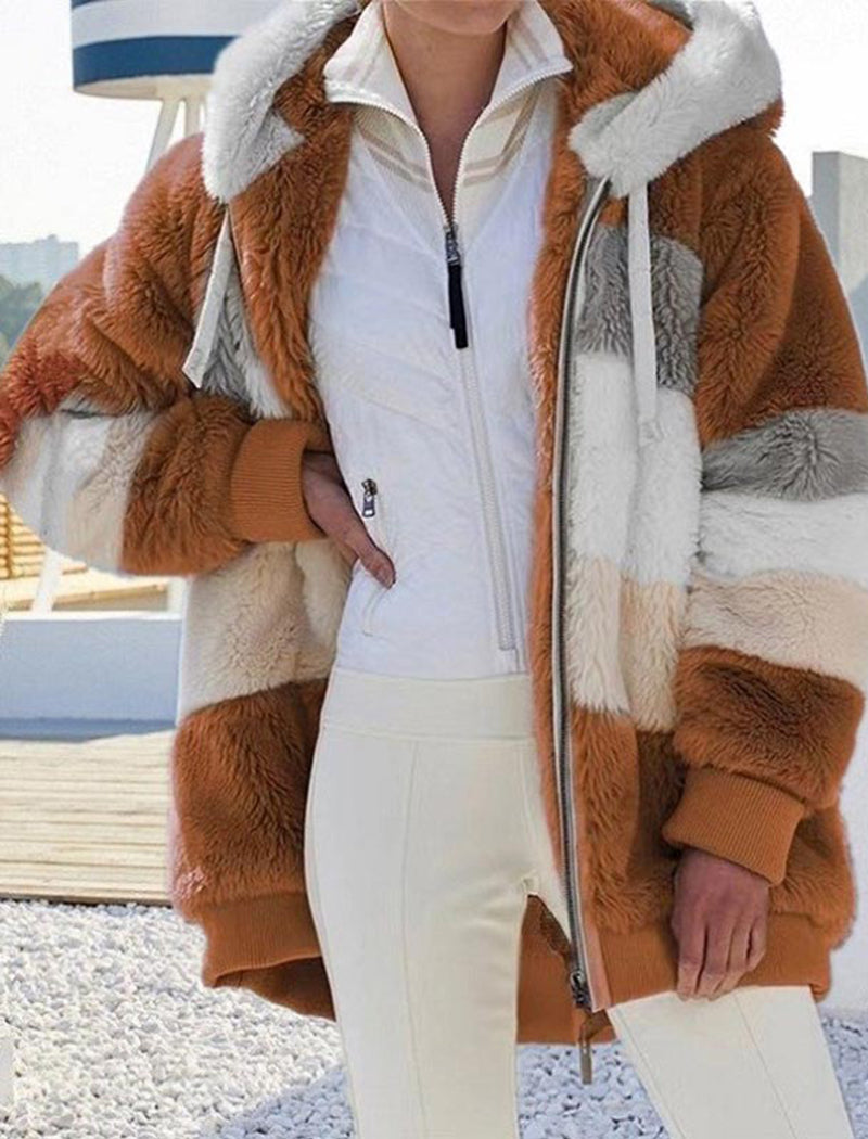 Hooded Patchwork Fuzzy Jacket
