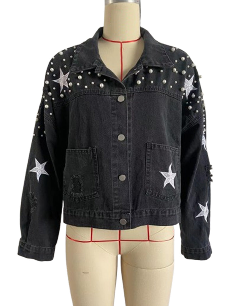 Faux Pearl Studded Denim Crop Jacket