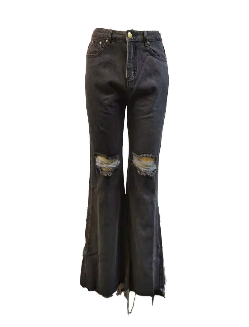Distressed Wide-Leg Flared Denim Pants
