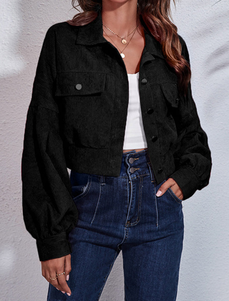 Corduroy Lantern Sleeve Cropped Jacket
