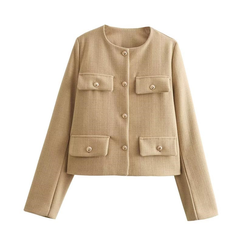 Pocket Front Cropped Button-Up Jacket