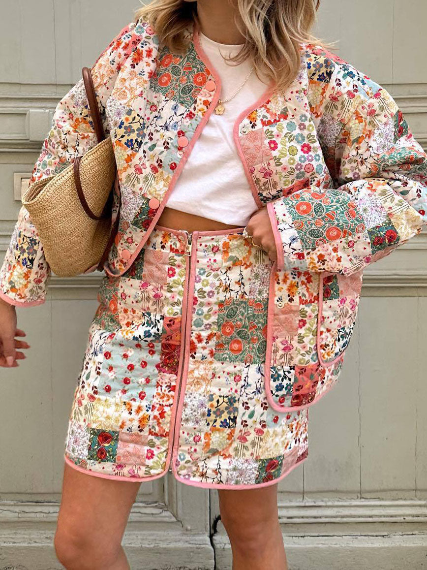 Floral Quilted Jacket and Mini Skirt Set