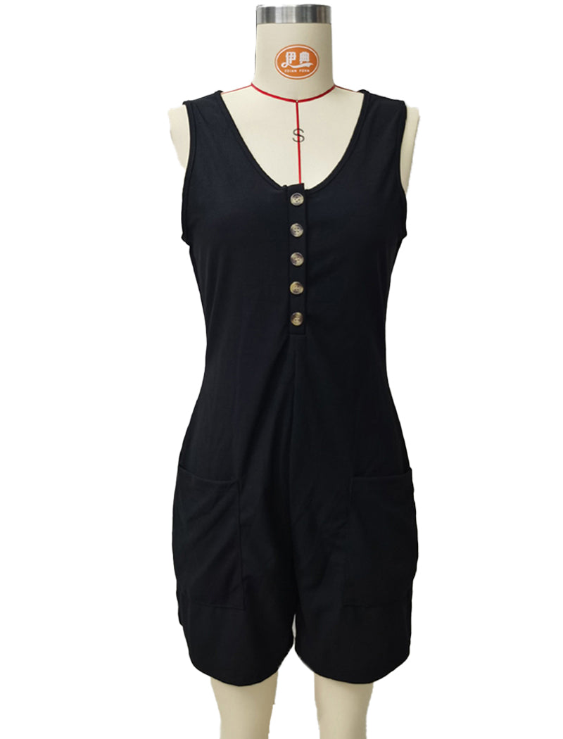 Sleeveless Button-Up Romper with Pockets