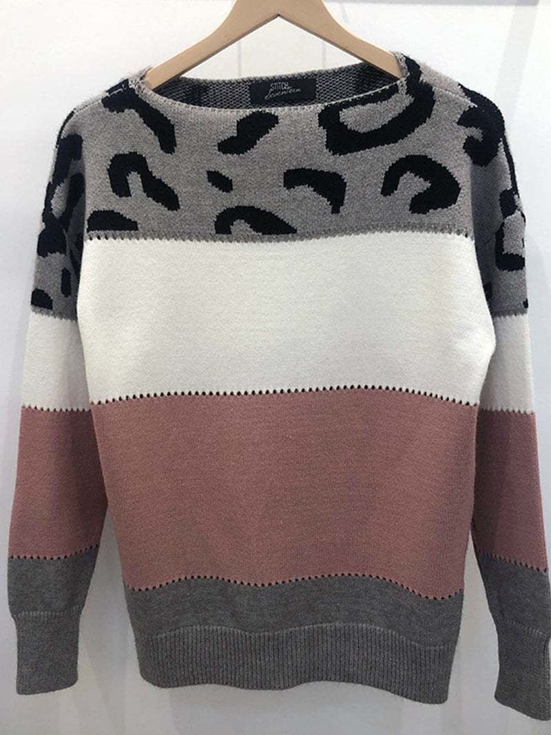 Leopard Print Colorblock Knit Sweater