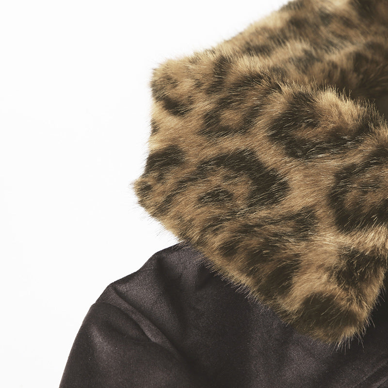 Leopard Fur Panel Collared Two-Tone Jacket