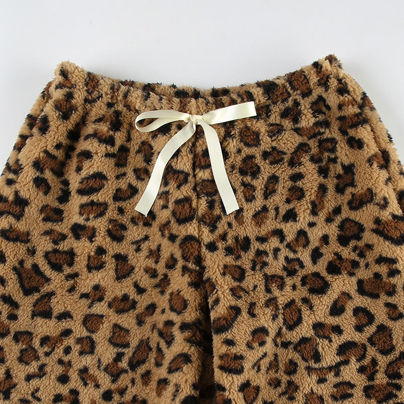 Leopard Print Tie-Waist Fuzzy Pants