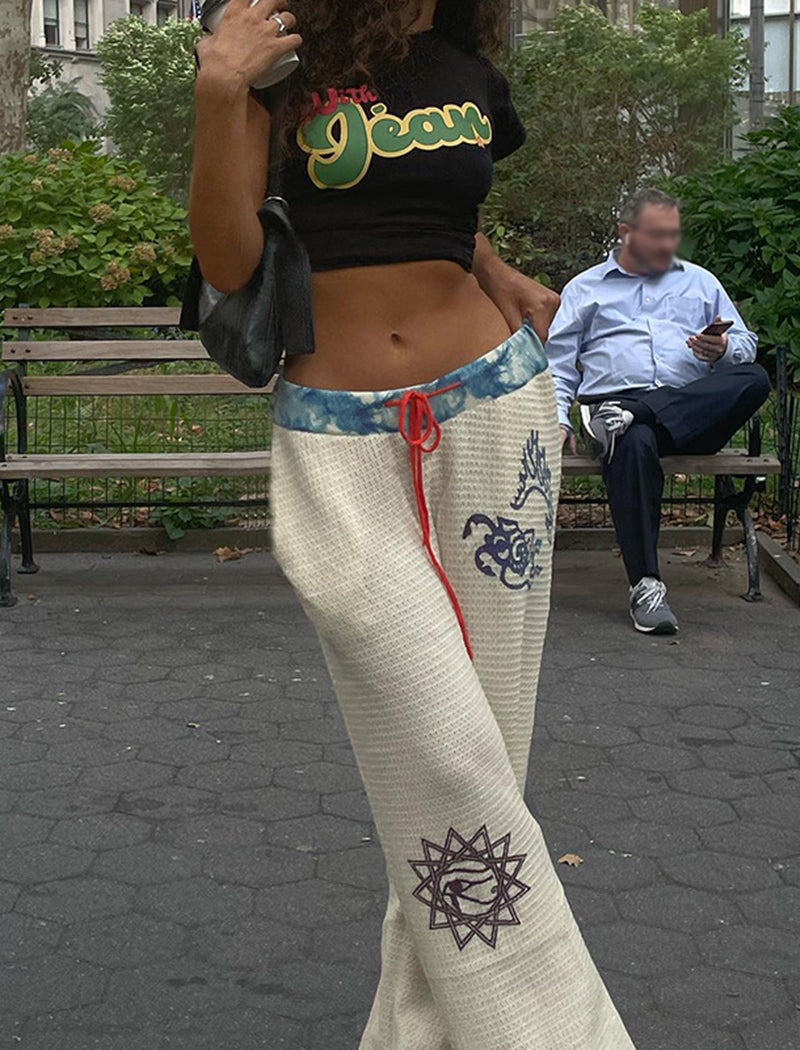 Wide-Leg Drawstring Graphic Pants