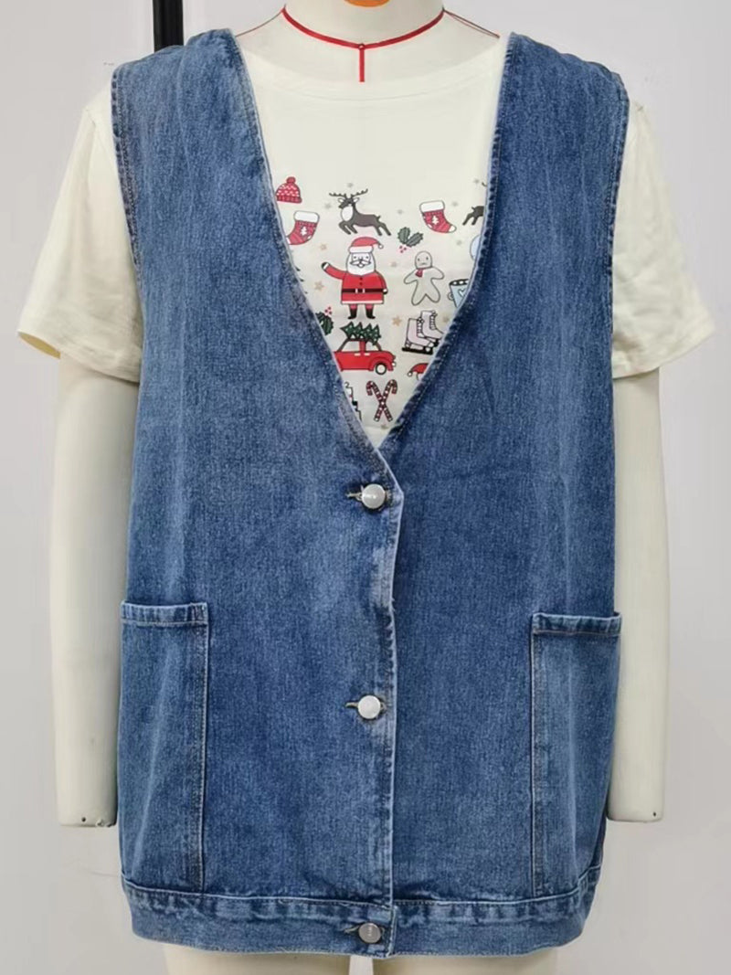 V-Neck Buttoned Pockets Denim Vest
