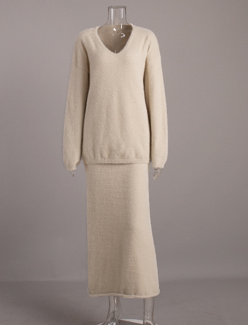 Knit V-Neck Sweater and Skirt Set