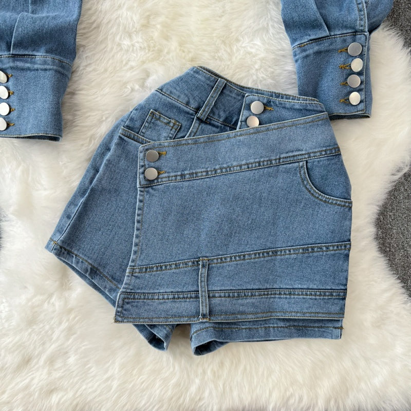 Cropped Denim Jacket and High-Rise Shorts Set