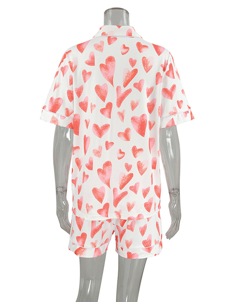 Button-Up Heart Print Short Pajama Set