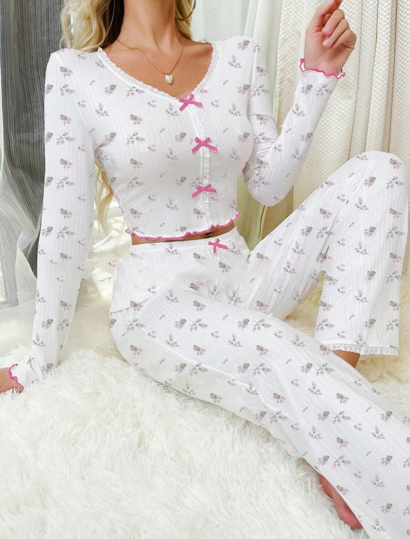 Rolled-Cuff Heart V-Neck Long Sleeve Pajama Set