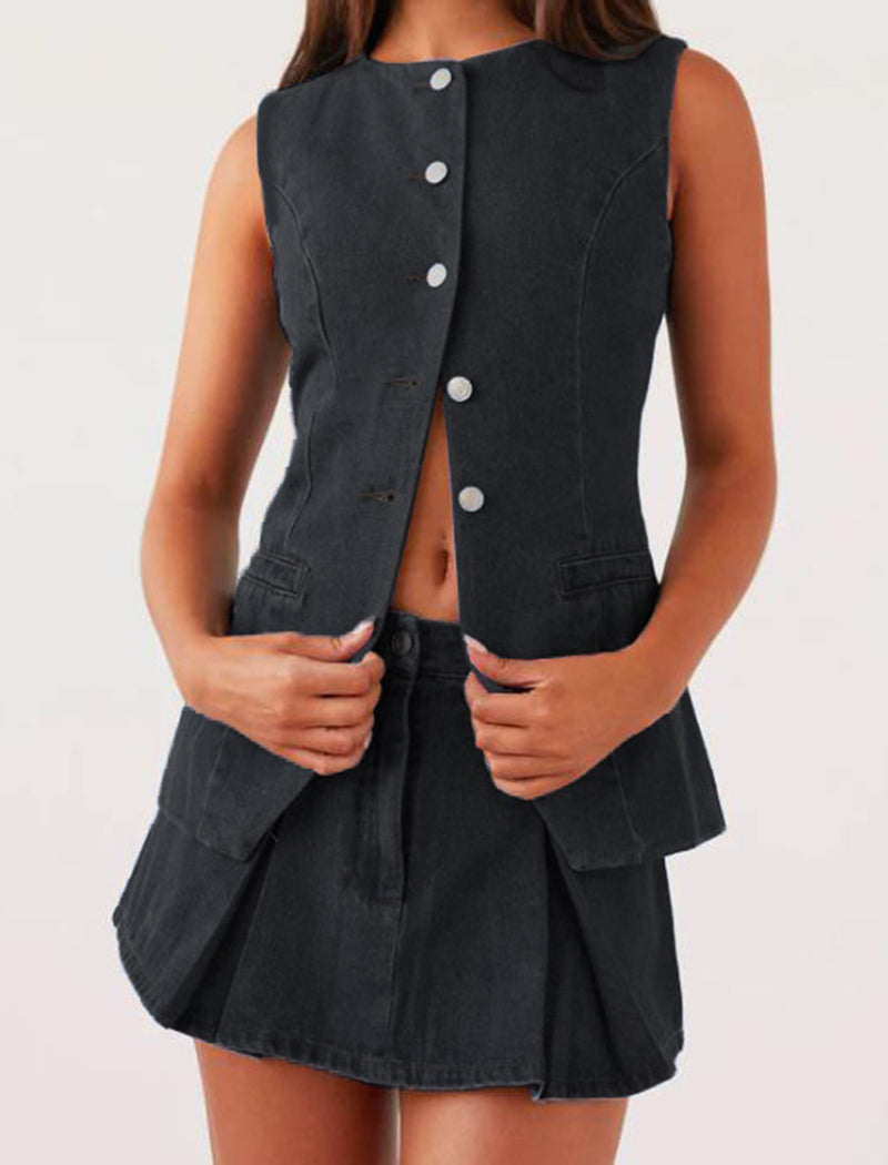 Denim Button-Up Vest and Skirt Set