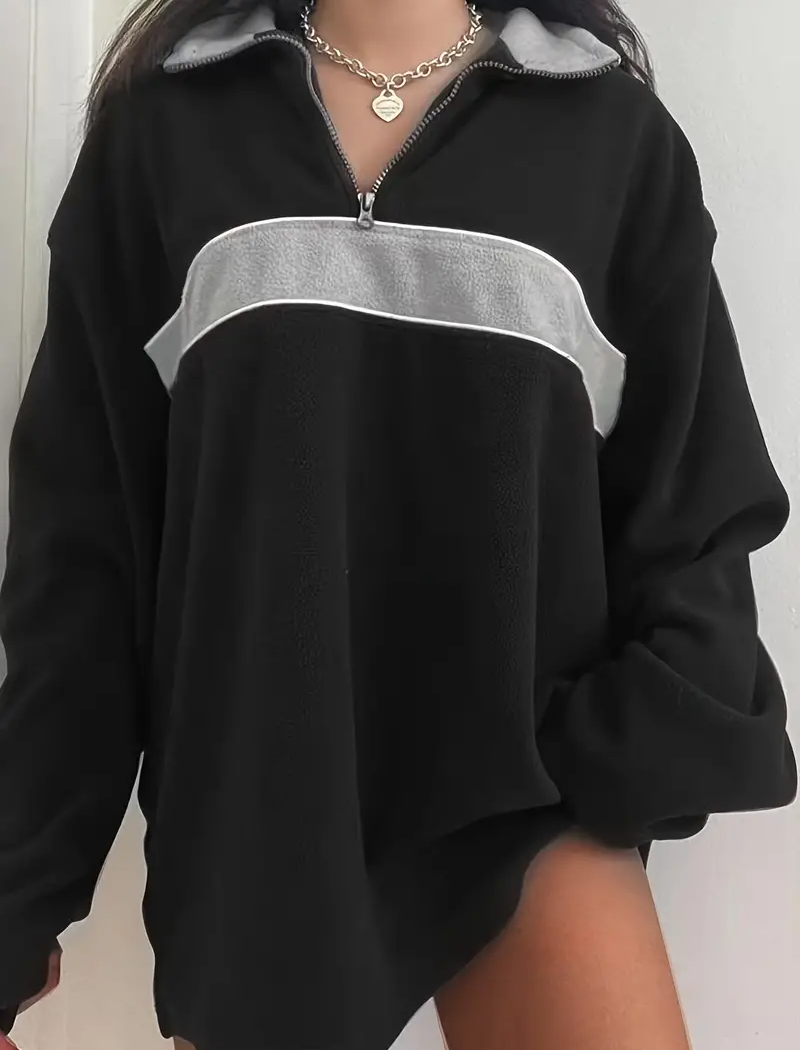 Contrast Stripe Half-Zip Oversized Top