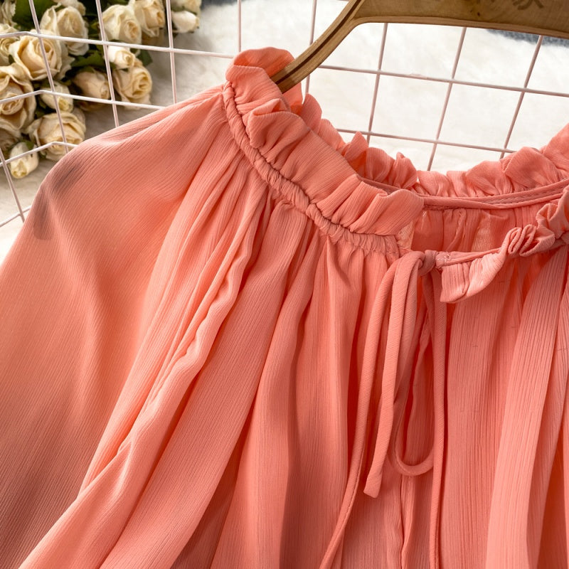 Loose Fit Ruffle Hem Chiffon Blouse