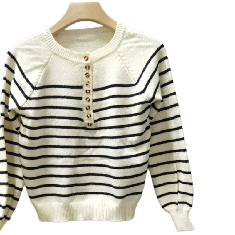 Knit Striped Half-Button V Neck Sweater