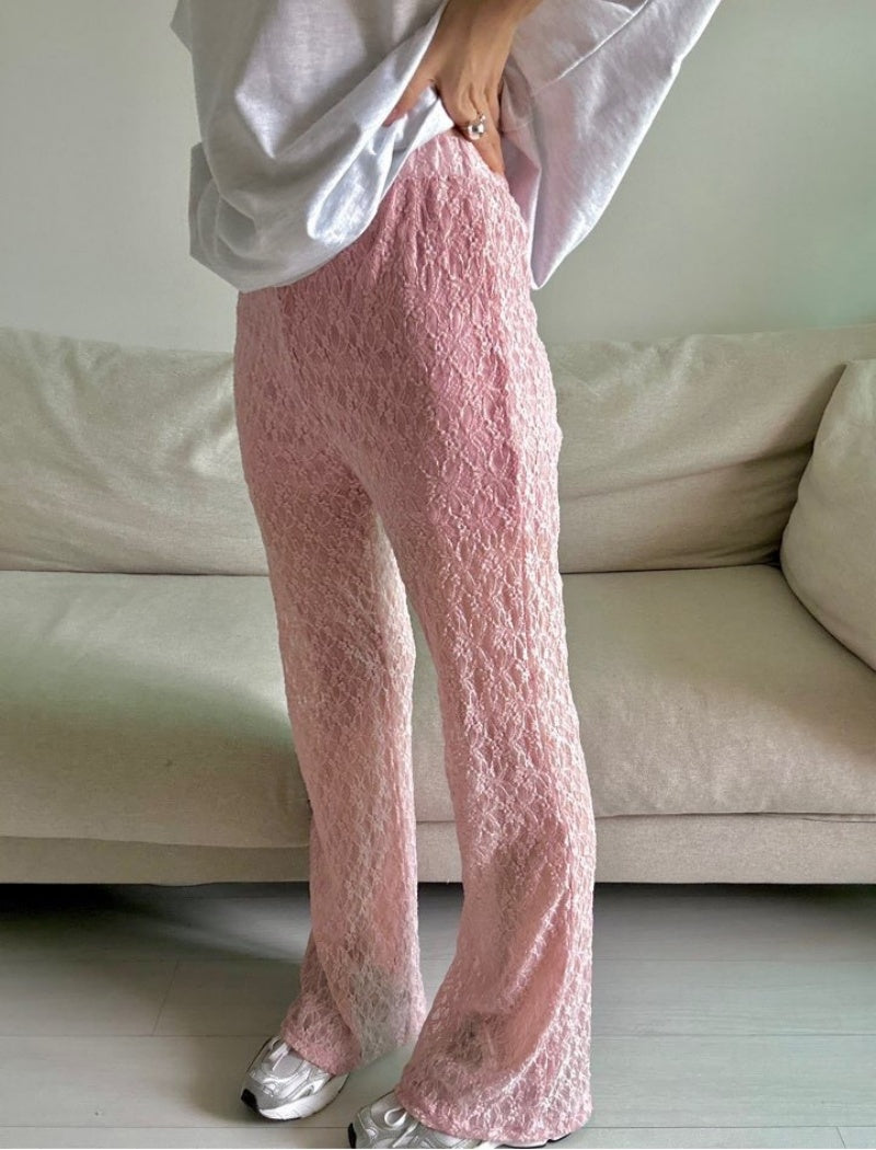 Sheer Lace Wide-Leg Pants