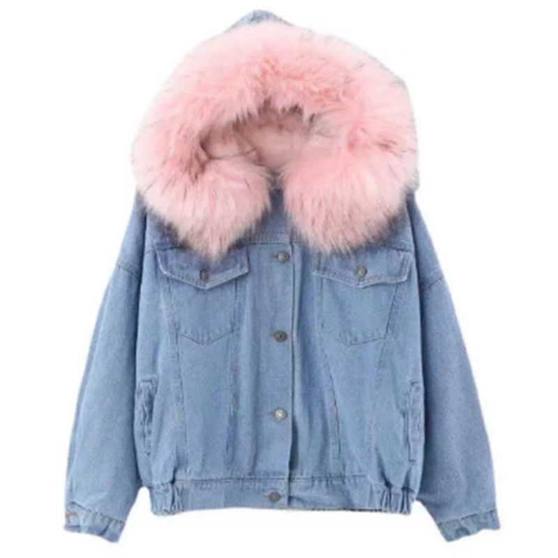 Denim Bomber Jacket with Fur Collar
