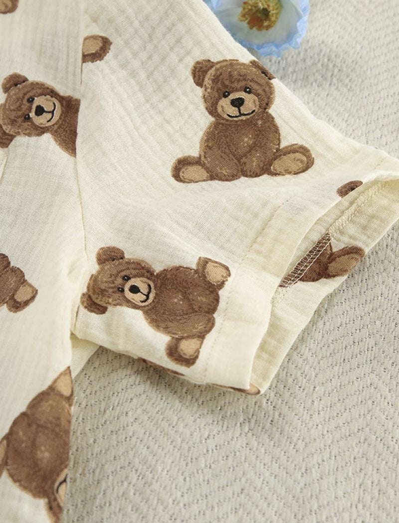 Teddy Bear Print Button-Up Pajama Set