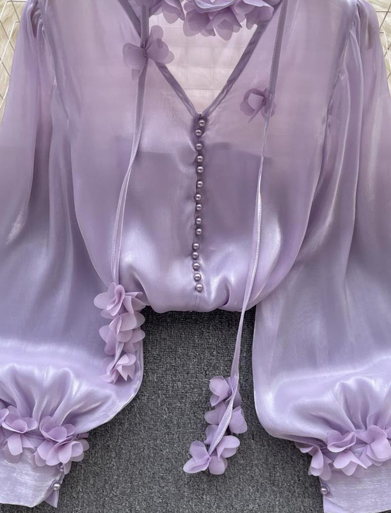 Floral Applique Blouse With Puff Sleeves