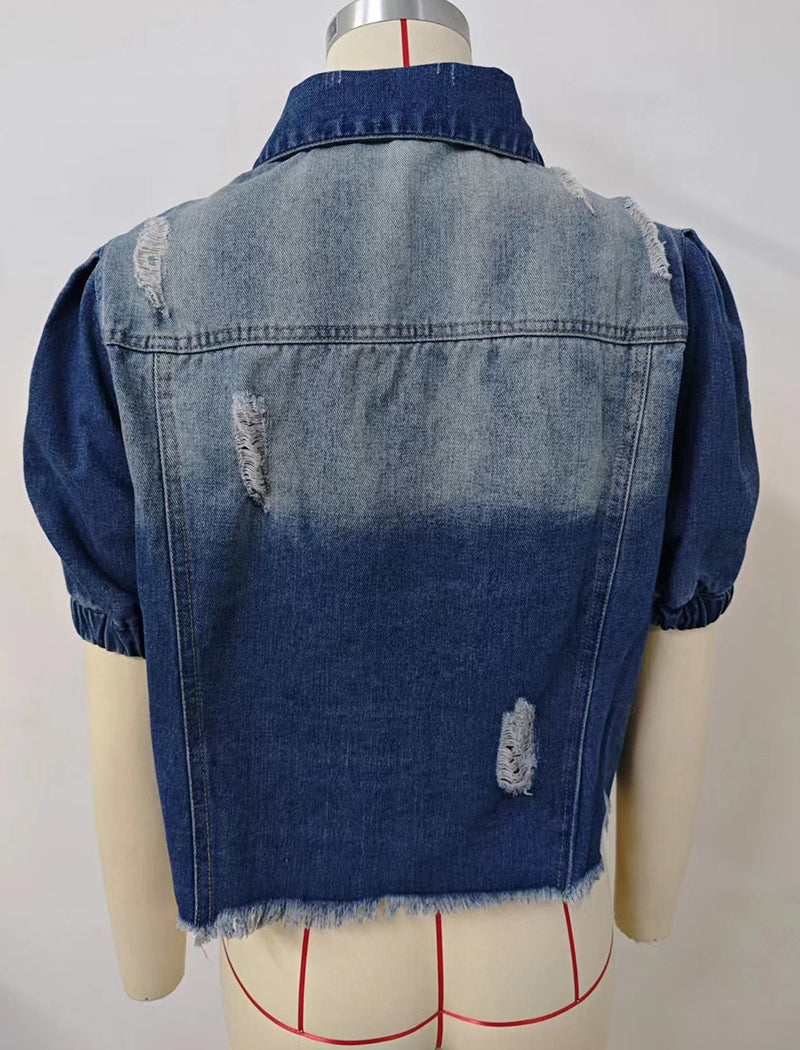Puff-Sleeve Cropped Denim Jacket