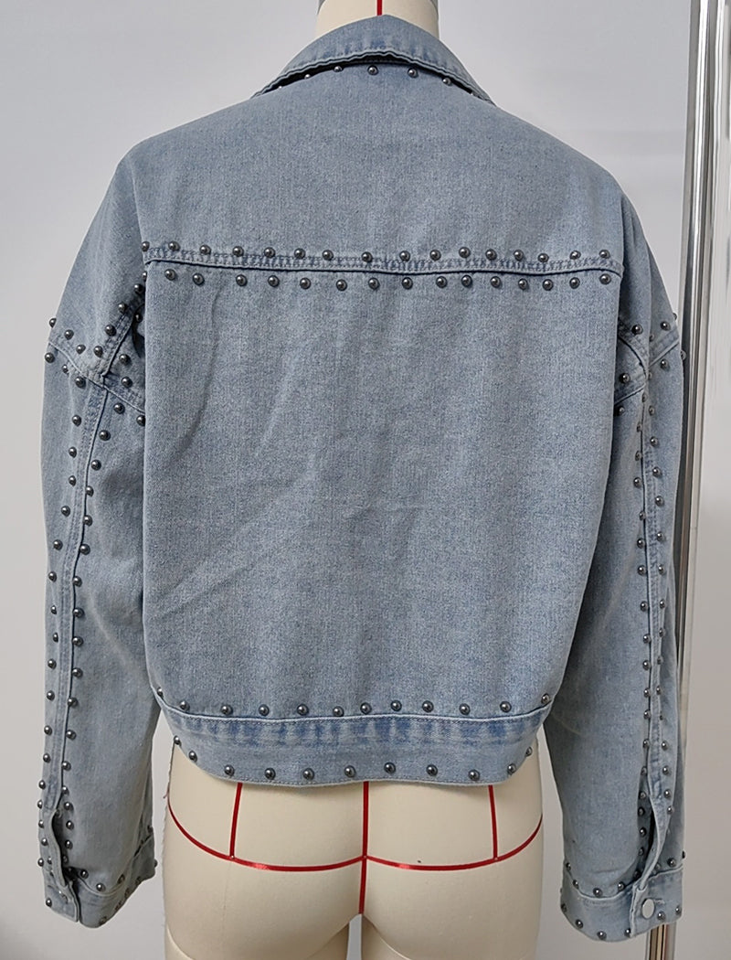 Washed Long Sleeve Studded Denim Jacket