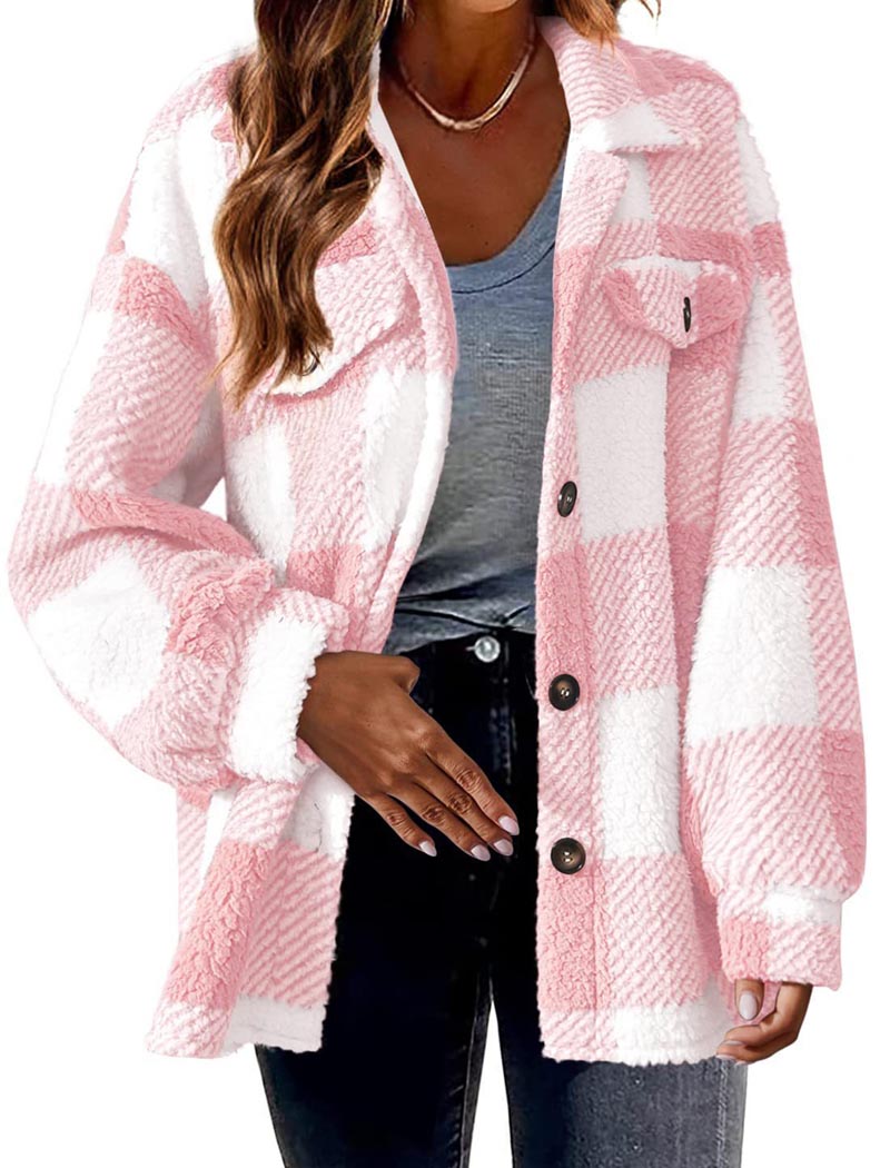 Plaid Sherpa Jacket with Button Closure