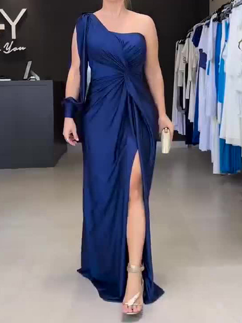 One-Shoulder Draped Split-Hem Maxi Dress