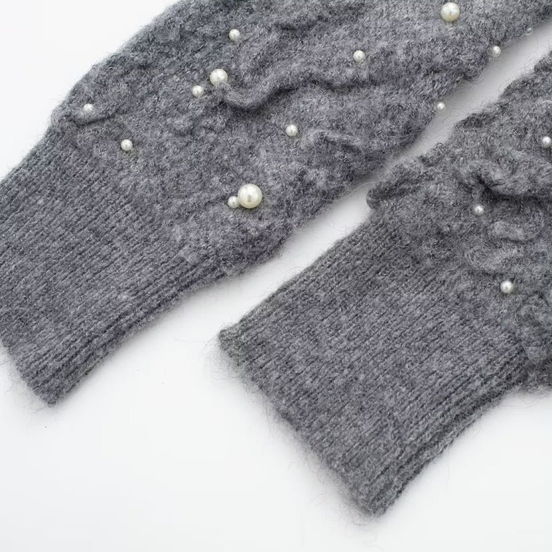 Pearl Embellished Textured Knit Sweater